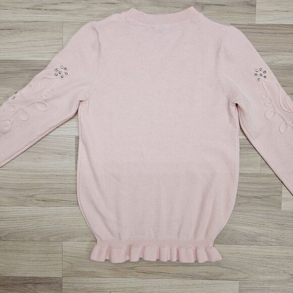 NANETTE LEPORE Womens Pink Ruffle Rhinestone Flower Pullover Sweater Small - Picture 7 of 7